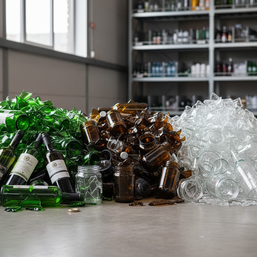 recycling glass, green, brown, clear